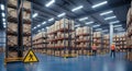 Interior of a large warehouse with shelves full of boxes and workers and a caution sign on the floor Royalty Free Stock Photo