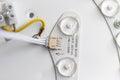 Image shows the internal wiring of a LED ceiling light. Industry Royalty Free Stock Photo