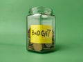 The image shows a jar of coins with a label that says BUDGET Royalty Free Stock Photo