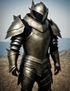 A knight in armor standing in a field.