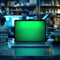 Image shows a lab setting with open laptop on workbench displaying green screen, surrounded by test tubes and lab Royalty Free Stock Photo