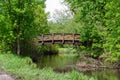 Landscape view of a rustic wooden bridge over a rural river Royalty Free Stock Photo