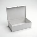 A large, empty, white cardboard box with its lid open and resting on top Royalty Free Stock Photo