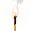 A burning matchstick with a bright flame and rising smoke against a plain background Royalty Free Stock Photo