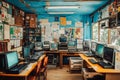A vibrant tech workspace filled with vintage computers. The blue walls and wooden desks create a unique atmosphere Royalty Free Stock Photo