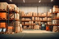 The image shows a logistics warehouse with various items. Neatly arranged on shelves and ready for sale.by Generated AI