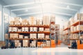 The image shows a logistics warehouse with various items. Neatly arranged on shelves and ready for sale.by Generated AI