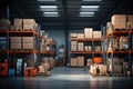 The image shows a logistics warehouse with various items. Neatly arranged on shelves and ready for sale.by Generated AI