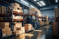 The image shows a logistics warehouse with various items. Neatly arranged on shelves and ready for sale.by Generated AI