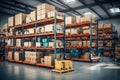 The image shows a logistics warehouse with various items. Neatly arranged on shelves and ready for sale.by Generated AI