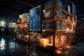 The image shows a logistics warehouse with various items. Neatly arranged on shelves and ready for sale.by Generated AI