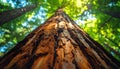 Lowangle view of tall tree trunk with rough brown bark and green leaves in sunlight Royalty Free Stock Photo