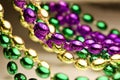 Macro abstract art texture background of bright traditional three colors of Mardi Gras beads Royalty Free Stock Photo