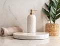 Elegant Marble White Round Podium for Bathroom Spa Products: Shampoo, Shower Gel, Liquid Royalty Free Stock Photo