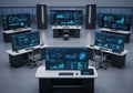 A high-tech control room with multiple monitors displaying various data and analytics Royalty Free Stock Photo