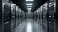 Enterprise Cloud Data Center Corridor with Server Racks, Symmetrical Architecture and Copy Space for Technology Concepts Royalty Free Stock Photo