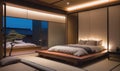 A modern Japanese-style bedroom with a platform bed and sliding doors, overlooking a small garden at dusk