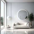 A modern living room with a white couch, a round mirror, and a coffee table on a wooden floor. Royalty Free Stock Photo