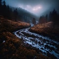 A winding dirt road cuts through a snowy forest. Royalty Free Stock Photo