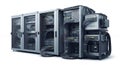 Network Server Racks with White Background Comprising Multiple Interconnected Units Holding Computer Equipment Data Royalty Free Stock Photo
