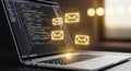 Laptop displaying code with floating email icons Royalty Free Stock Photo