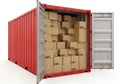 Shipping container filled with stacked cardboard boxes ready for transport Royalty Free Stock Photo