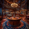 Image shows an opulent casino interior with a focus on a grand, circular gaming table for high rollers - AI-Generated Royalty Free Stock Photo
