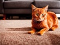 A orange tabby cat lying on the floor in front of a couch.