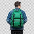 Person wearing green backpack and denim jacket Royalty Free Stock Photo