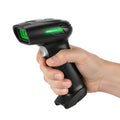 Handheld barcode scanner with illuminated green scanning area in use Royalty Free Stock Photo