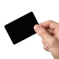 A person holding a black rectangular card against a white background Royalty Free Stock Photo