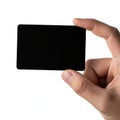 A person holding a black rectangular object with a textured surface Royalty Free Stock Photo