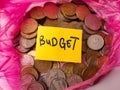 The image shows a pile of coins inside a pink bag with a yellow sticky note that says Budget Royalty Free Stock Photo