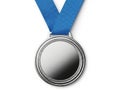 Shiny silver medal with blue ribbon displayed prominently against white background isolated on white background Royalty Free Stock Photo