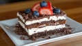 A layered chocolate cake with white cream and fresh blueberries is presented on a white plate. Royalty Free Stock Photo