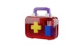 A red first aid kit with a purple handle and a yellow cross symbol on the front Royalty Free Stock Photo