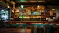 Retro styled bar interior with colorful liquor bottles on the shelves behind the counter