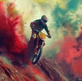 the image shows a rider going down the mountain in front of smoke