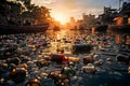 The image shows a rivers surface filled with is heavily polluted with a multitude of plastic bottles and other waste