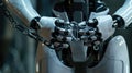 The image shows a robot restrained by chains, representing limitations in AI control and technology AIG62 Royalty Free Stock Photo