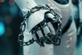 The image shows a robot restrained by chains, representing limitations in AI control and technology AIG62 Royalty Free Stock Photo