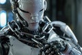 The image shows a robot restrained by chains, representing limitations in AI control and technology AIG62 Royalty Free Stock Photo
