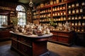 The image shows a room brimming with numerous jars filled with different types of liquid, Interior of a 19th century apothecary