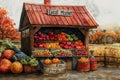 The image shows a rustic farm stand offering a colorful bounty of fresh produce with a \