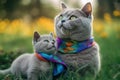 maternal love between two british shorthair cats, a mother and her kitten, who proudly wear lgtbi flags on their necks, Generative