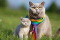 maternal love between two british shorthair cats, a mother and her kitten, who proudly wear lgtbi flags on their necks, Generative