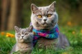 maternal love between two british shorthair cats, a mother and her kitten, who proudly wear lgtbi flags on their necks, Generative