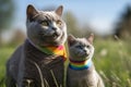 maternal love between two british shorthair cats, a mother and her kitten, who proudly wear lgtbi flags on their necks, Generative