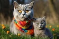 maternal love between two british shorthair cats, a mother and her kitten, who proudly wear lgtbi flags on their necks, Generative