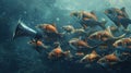 The image shows a school of fish swimming in the ocean. One fish is different from the others because it has a megaphone Royalty Free Stock Photo